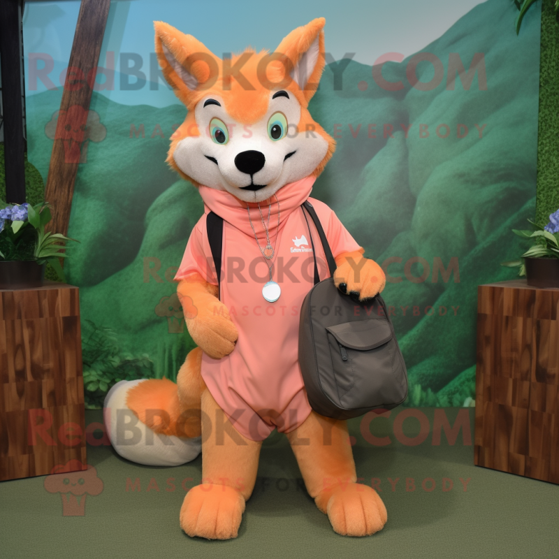 Peach Dingo mascot costume character dressed with a Cover-up and Messenger bags