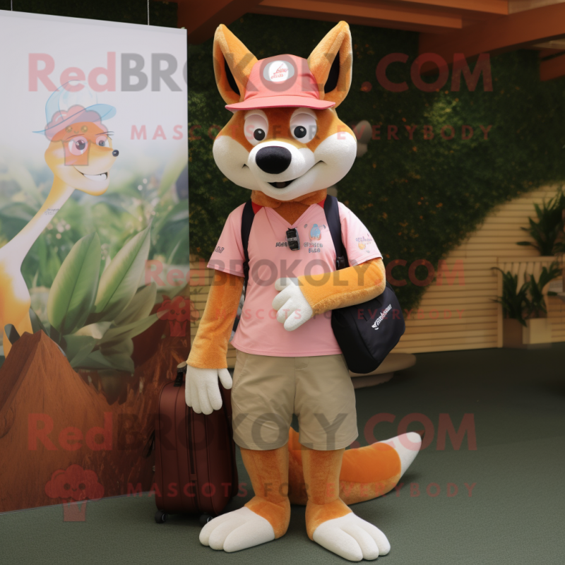 Peach Dingo mascot costume character dressed with a Cover-up and Messenger bags Peach Dingo mascot costume character dressed with a Cover-up and Messenger bags