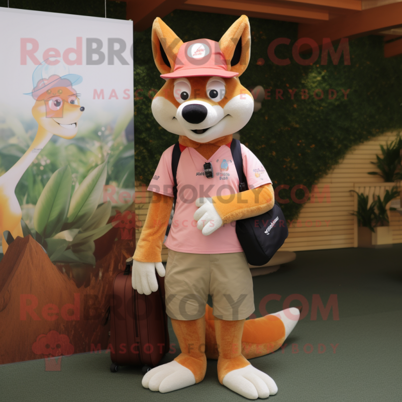 Peach Dingo mascot costume character dressed with a Cover-up and Messenger bags