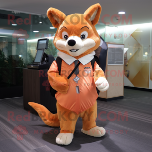 Peach Dingo mascot costume character dressed with a Cover-up and Messenger bags