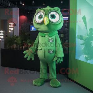 Green Owl mascot costume character dressed with a Jumpsuit and Tie pins