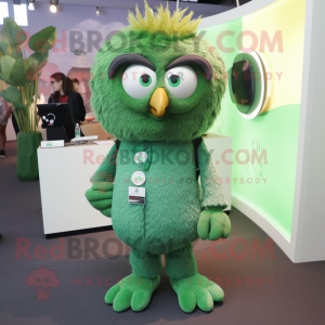 Green Owl mascot costume character dressed with a Jumpsuit and Tie pins