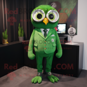 Green Owl mascot costume character dressed with a Jumpsuit and Tie pins