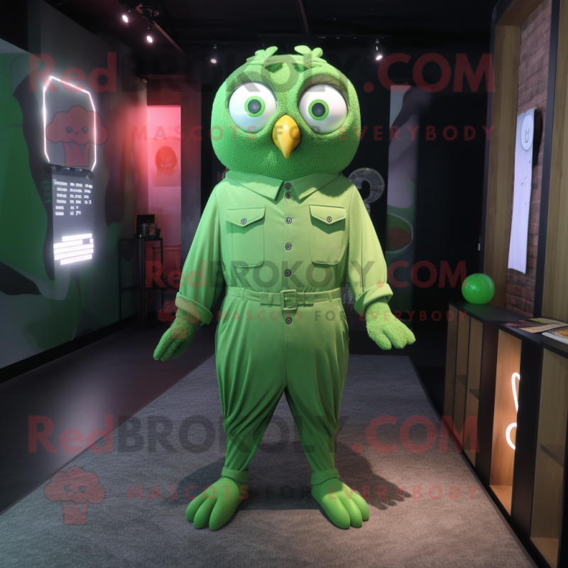 Green Owl mascot costume character dressed with a Jumpsuit and Tie pins Green Owl mascot costume character dressed with a Jumpsuit and Tie pins