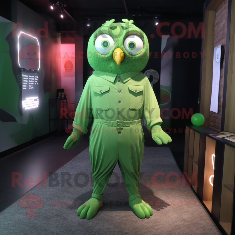 Green Owl mascot costume character dressed with a Jumpsuit and Tie pins