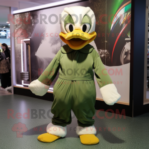 Olive Swans mascot costume character dressed with a Jumpsuit and Foot pads