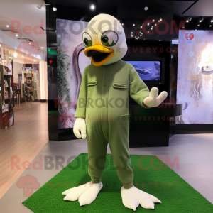 Olive Swans mascot costume character dressed with a Jumpsuit and Foot pads