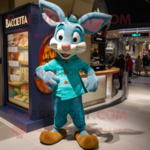 Turquoise Ratatouille mascot costume character dressed with a Bootcut Jeans and Watches