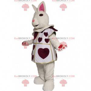 White rabbit mascot with burgundy hearts. Bunny costume -