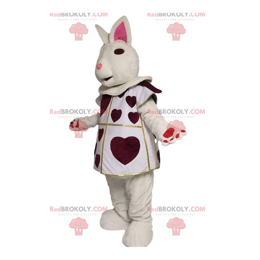 Mascota conejo blanco con corazones burdeos. Disfraz de
