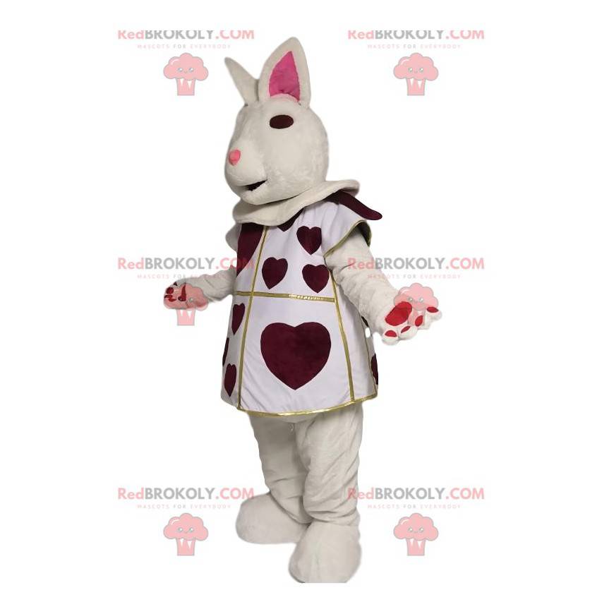 White rabbit mascot with burgundy hearts. Bunny costume -