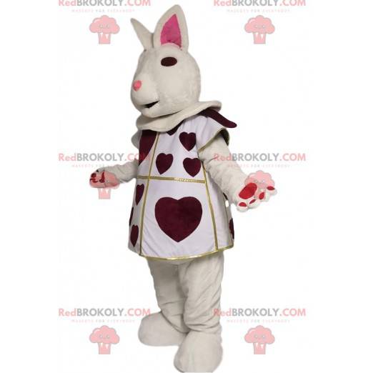 Hvid kaninmaskot med burgunderhjerter. Bunny kostume -