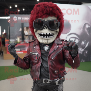 Maroon Undead mascot costume character dressed with a Biker Jacket and Sunglasses