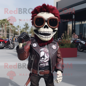 Maroon Undead mascot costume character dressed with a Biker Jacket and Sunglasses