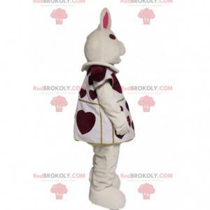 Hvid kaninmaskot med burgunderhjerter. Bunny kostume -