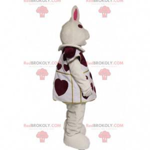 Mascote do coelho branco com corações cor de vinho. Fantasia de
