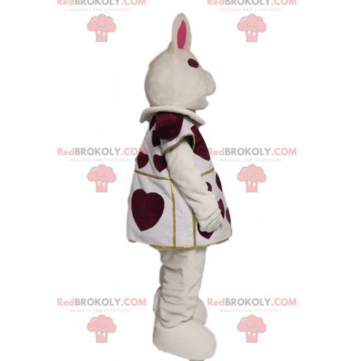 White rabbit mascot with burgundy hearts. Bunny costume -