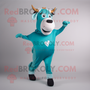 Turquoise Guernsey Cow mascot costume character dressed with a Leggings and Cummerbunds