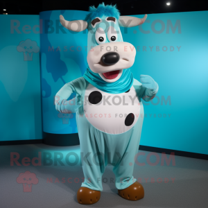 Turquoise Guernsey Cow mascot costume character dressed with a Leggings and Cummerbunds