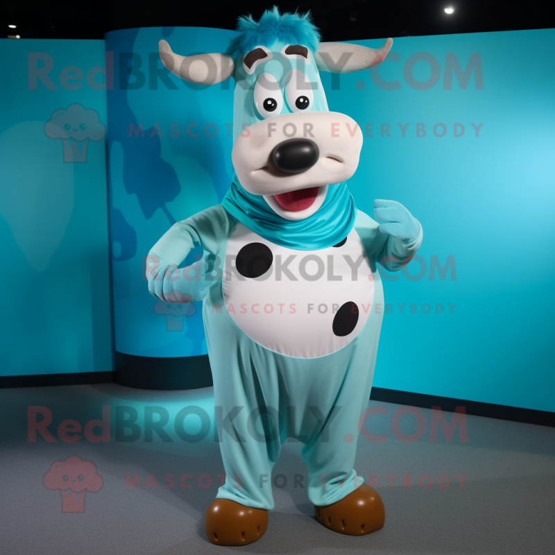 Turquoise Guernsey Cow mascot costume character dressed with a Leggings and Cummerbunds Turquoise Guernsey Cow mascot costume character dressed with a Leggings and Cummerbunds