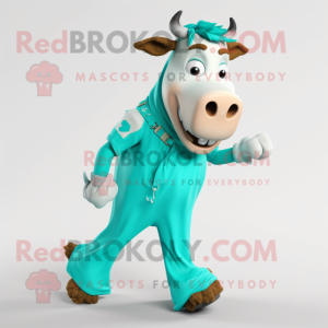Turquoise Guernsey Cow mascot costume character dressed with a Leggings and Cummerbunds