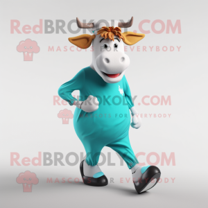 Turquoise Guernsey Cow mascot costume character dressed with a Leggings and Cummerbunds