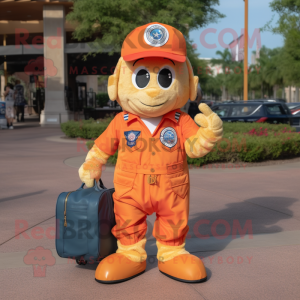 Orange American Soldier mascot costume character dressed with a Flare Jeans and Messenger bags