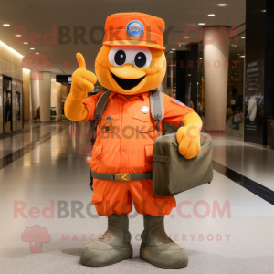 Orange American Soldier mascot costume character dressed with a Flare Jeans and Messenger bags