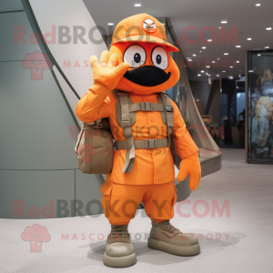 Orange American Soldier mascot costume character dressed with a Flare Jeans and Messenger bags