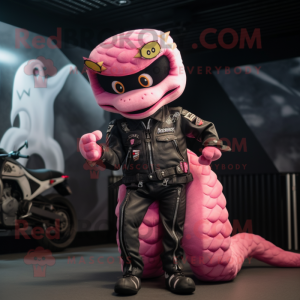 Pink Snake mascot costume character dressed with a Biker Jacket and Hair clips