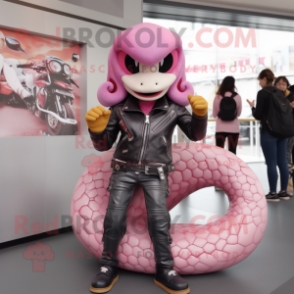 Pink Snake mascot costume character dressed with a Biker Jacket and Hair clips