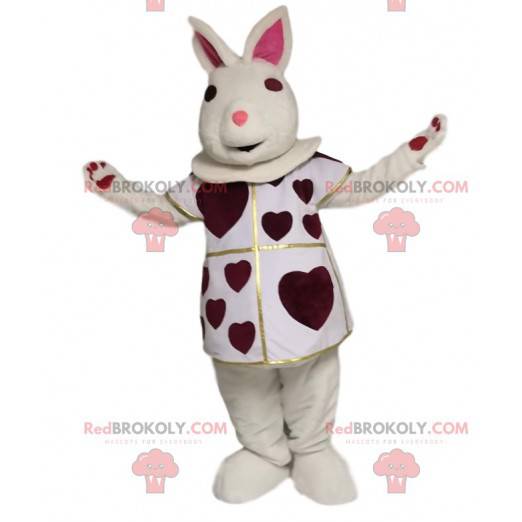 White rabbit mascot with burgundy hearts. Bunny costume -