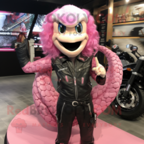 Pink Snake mascot costume character dressed with a Biker Jacket and Hair clips