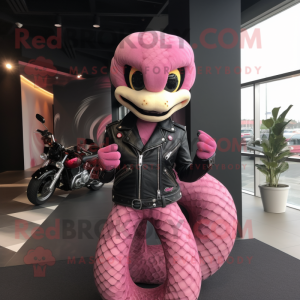 Pink Snake mascot costume character dressed with a Biker Jacket and Hair clips