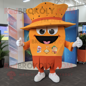 Orange Nachos mascot costume character dressed with a Bermuda Shorts and Pocket squares