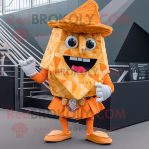 Orange Nachos mascot costume character dressed with a Bermuda Shorts and Pocket squares