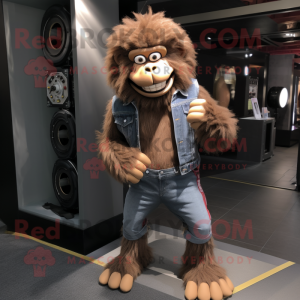 Brown Baboon mascot costume character dressed with a Bootcut Jeans and Bracelets