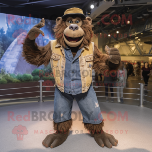 Brown Baboon mascot costume character dressed with a Bootcut Jeans and Bracelets