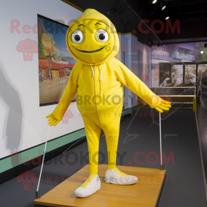 Yellow Tightrope Walker mascot costume character dressed with a Hoodie and Caps