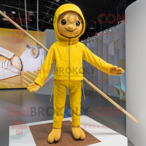 Yellow Tightrope Walker mascot costume character dressed with a Hoodie and Caps