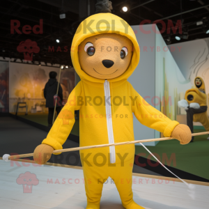 Yellow Tightrope Walker mascot costume character dressed with a Hoodie and Caps