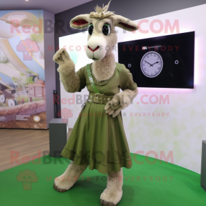 Olive Goat mascot costume character dressed with a Maxi Skirt and Digital watches