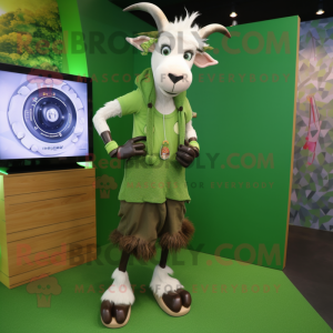 Olive Goat mascot costume character dressed with a Maxi Skirt and Digital watches