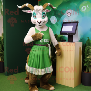 Olive Goat mascot costume character dressed with a Maxi Skirt and Digital watches