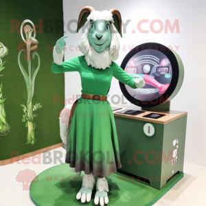 Olive Goat mascot costume character dressed with a Maxi Skirt and Digital watches