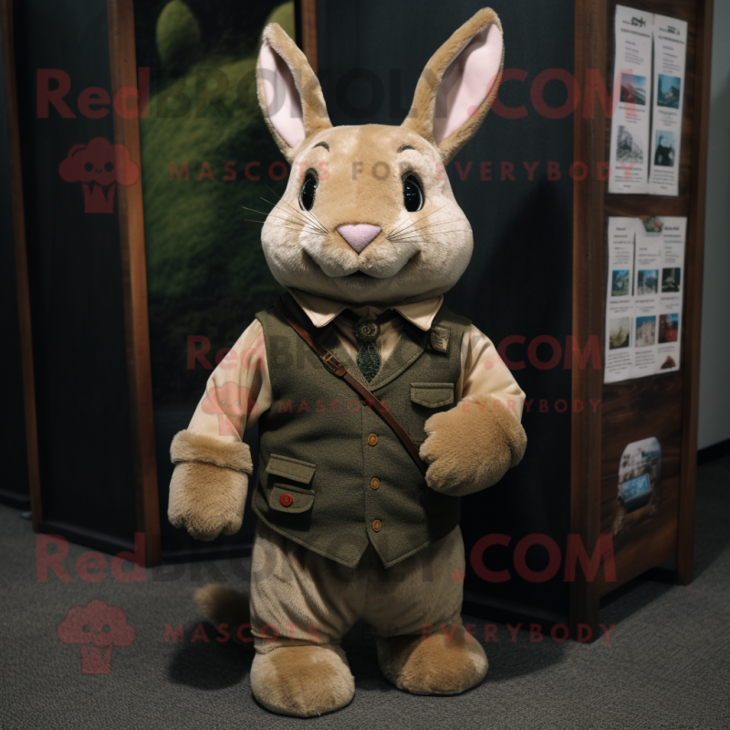 Tan Rabbit mascot costume character dressed with a Vest and Lapel pins