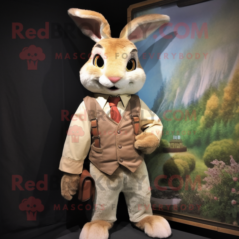 Tan Rabbit mascot costume character dressed with a Vest and Lapel pins
