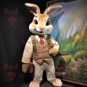 Tan Rabbit mascot costume character dressed with a Vest and Lapel pins