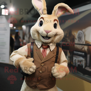 Tan Rabbit mascot costume character dressed with a Vest and Lapel pins