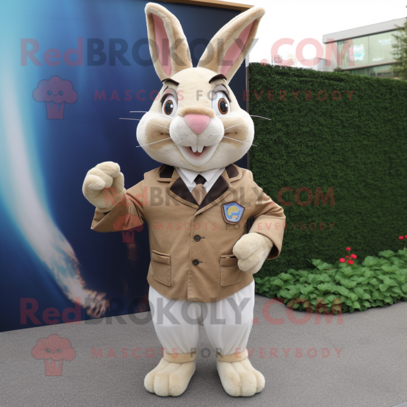 Tan Rabbit mascot costume character dressed with a Vest and Lapel pins